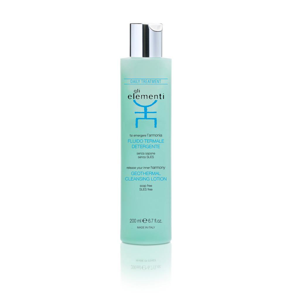 clear bottle with light  blue liquid  and a silver lid 200 ml of cleansing lotion