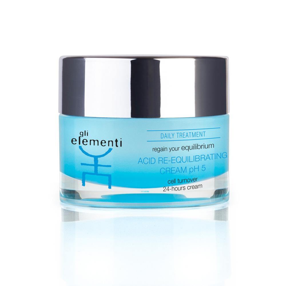 A blue jar of equilibrium acid cream to re-establish your pH level from the Brand Gli Elementi. The cream is to be used daily.  