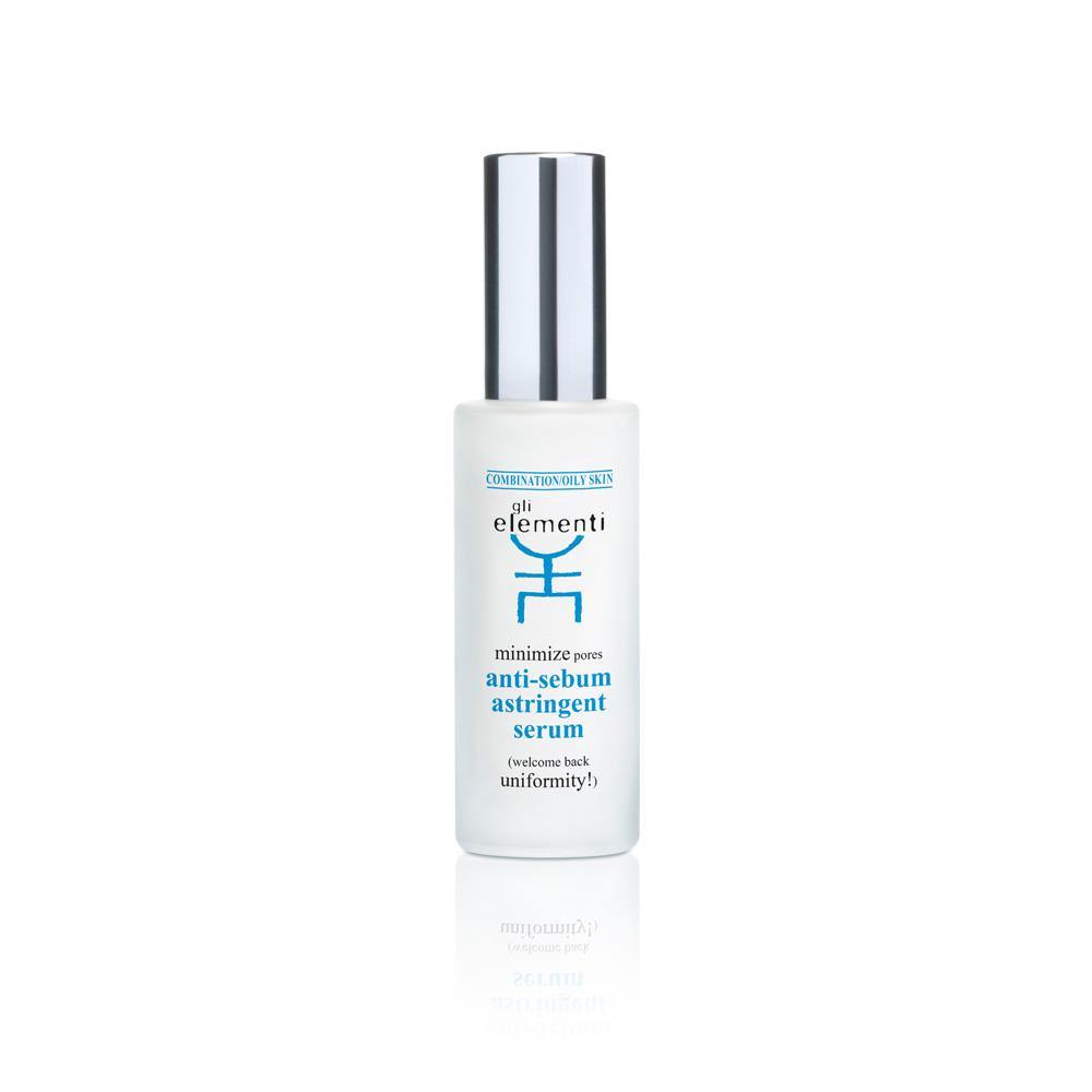 white bottle with a silver lid and blue writing 30 ml anti sebum serum, 