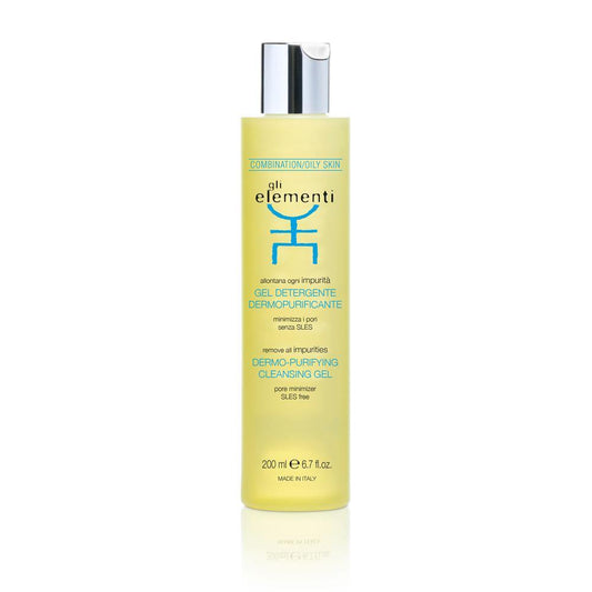 yellow bottle with a silver lid and blue writing 200 ml skin purifying cleansing gel 
